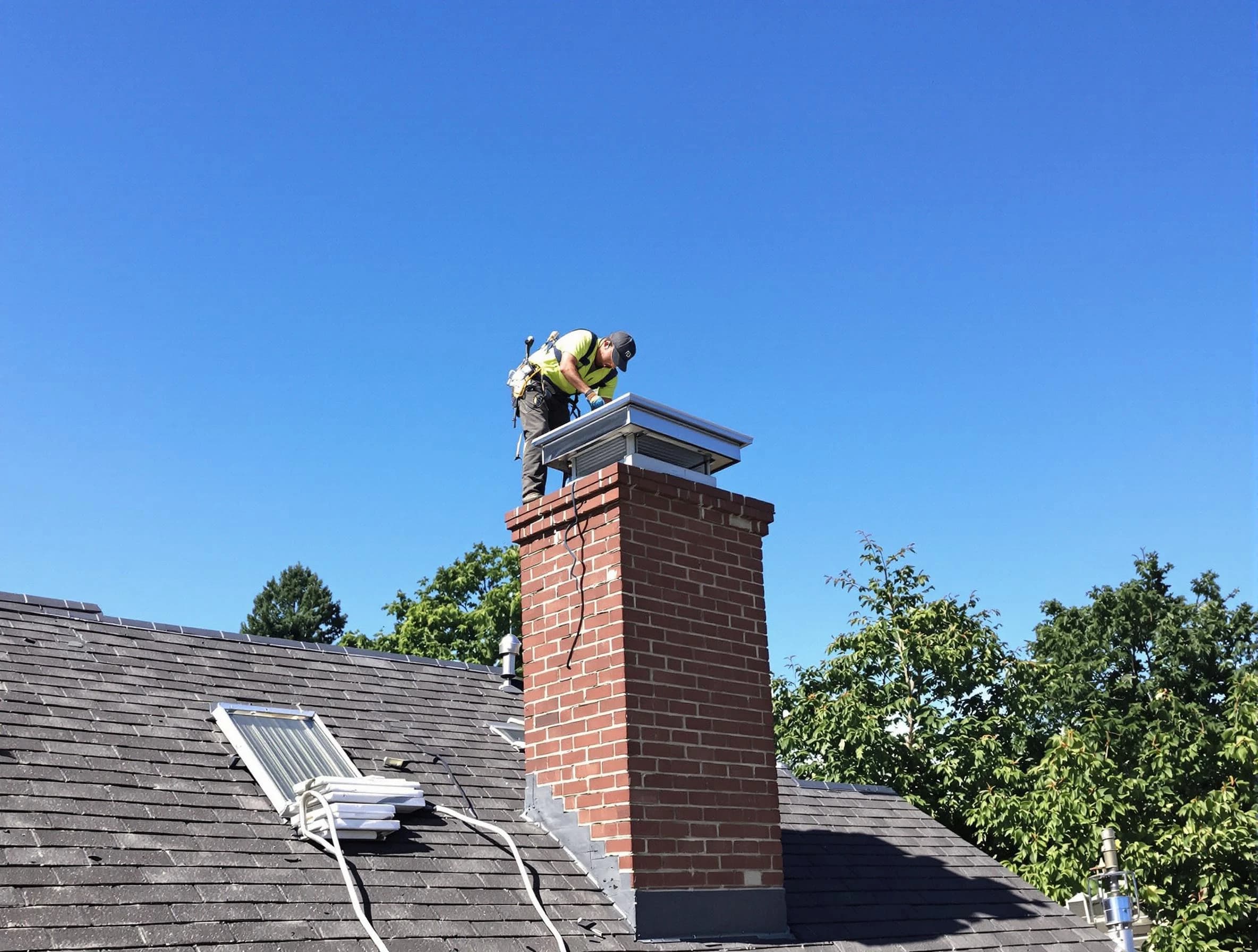 North Versailles Chimney Sweep technician measuring a chimney cap in North Versailles, PA
